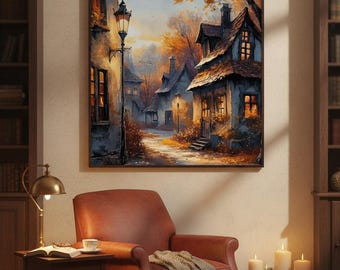 May include: An oil painting of a European village scene with cobblestone streets, houses, and a lamppost. The painting hangs above a leather armchair, ottoman, and side table with a lamp. A cup of coffee and a book are on the table.