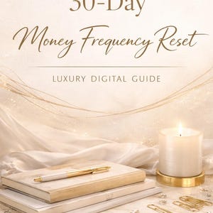 May include: A digital guide titled 30-Day Money Frequency Reset Luxury Digital Guide featuring a stack of two cream-coloured books, a gold and white pen, a lit candle on a gold base, and several gold paperclips on a light surface.