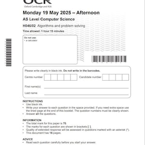OCR AS-nivå datavetenskapsprov 2 2025 betygsschema H046/02