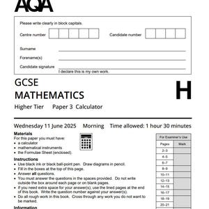 May include: A white GCSE Mathematics exam paper from AQA. The paper is for the Higher Tier, Paper 3 Calculator, and is scheduled for Wednesday, 11 June 2025. The exam duration is 1 hour 30 minutes. Includes instructions and information.