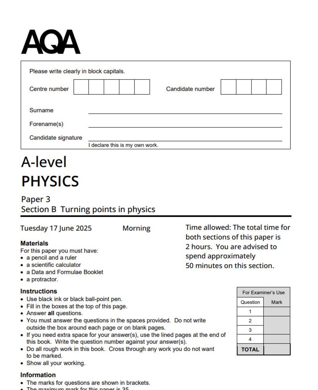 AQA A Level Physics Paper 3 2025 Mark Scheme 7408/3BD - Etsy