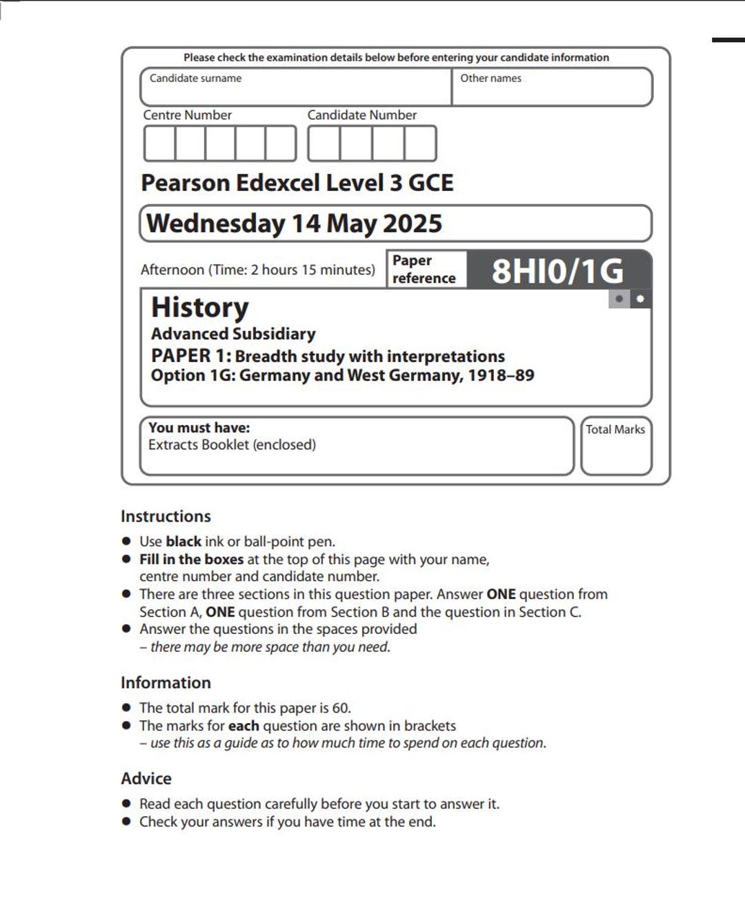 Pearson Edexcel AS Level History Paper 1G 2025 Mark Scheme 8HI0/1G - Etsy