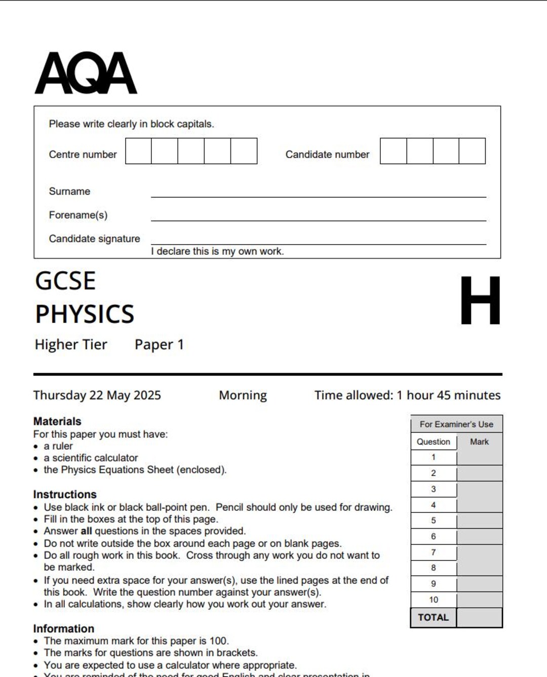 AQA GCSE Physics Paper 1h 2025 Mark Scheme 8463/1H - Etsy