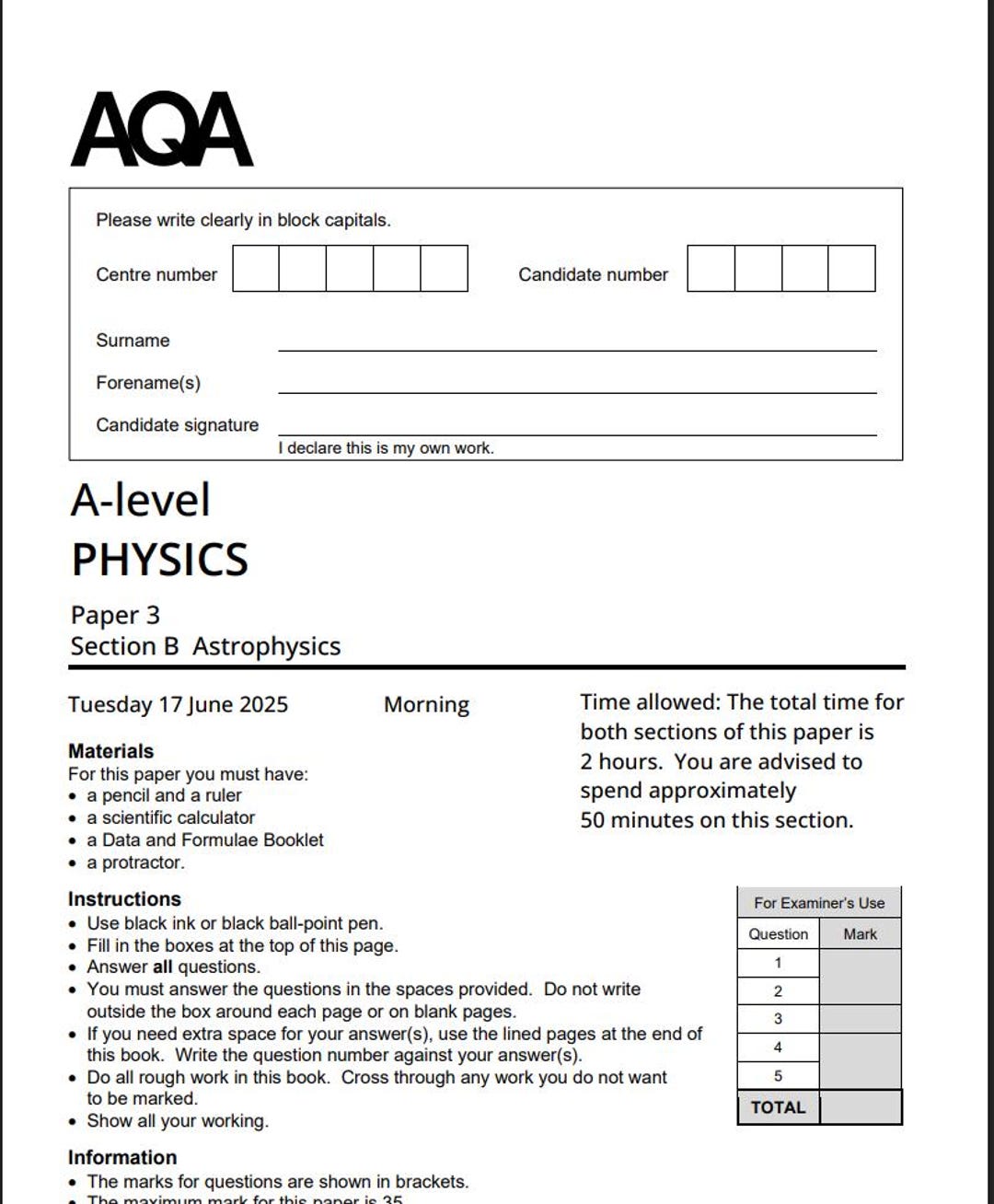 AQA A Level Physics Paper 3 2025 Mark Scheme 7408/3BA - Etsy