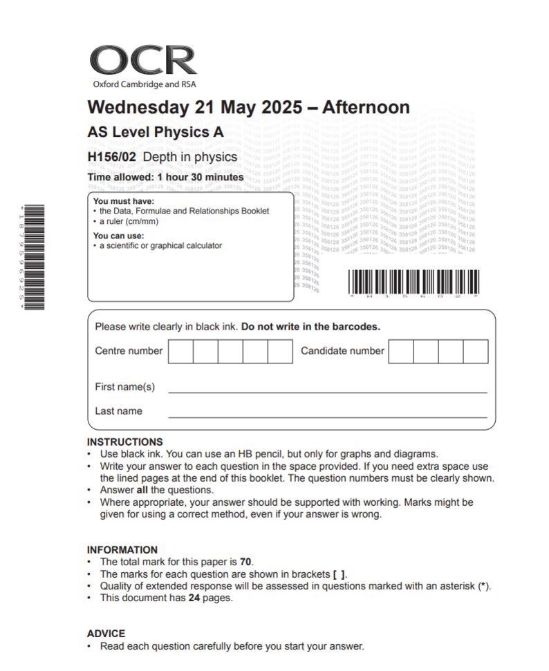 OCR AS Level Physics A Paper 2 2025 Mark Scheme H156/02 - Etsy