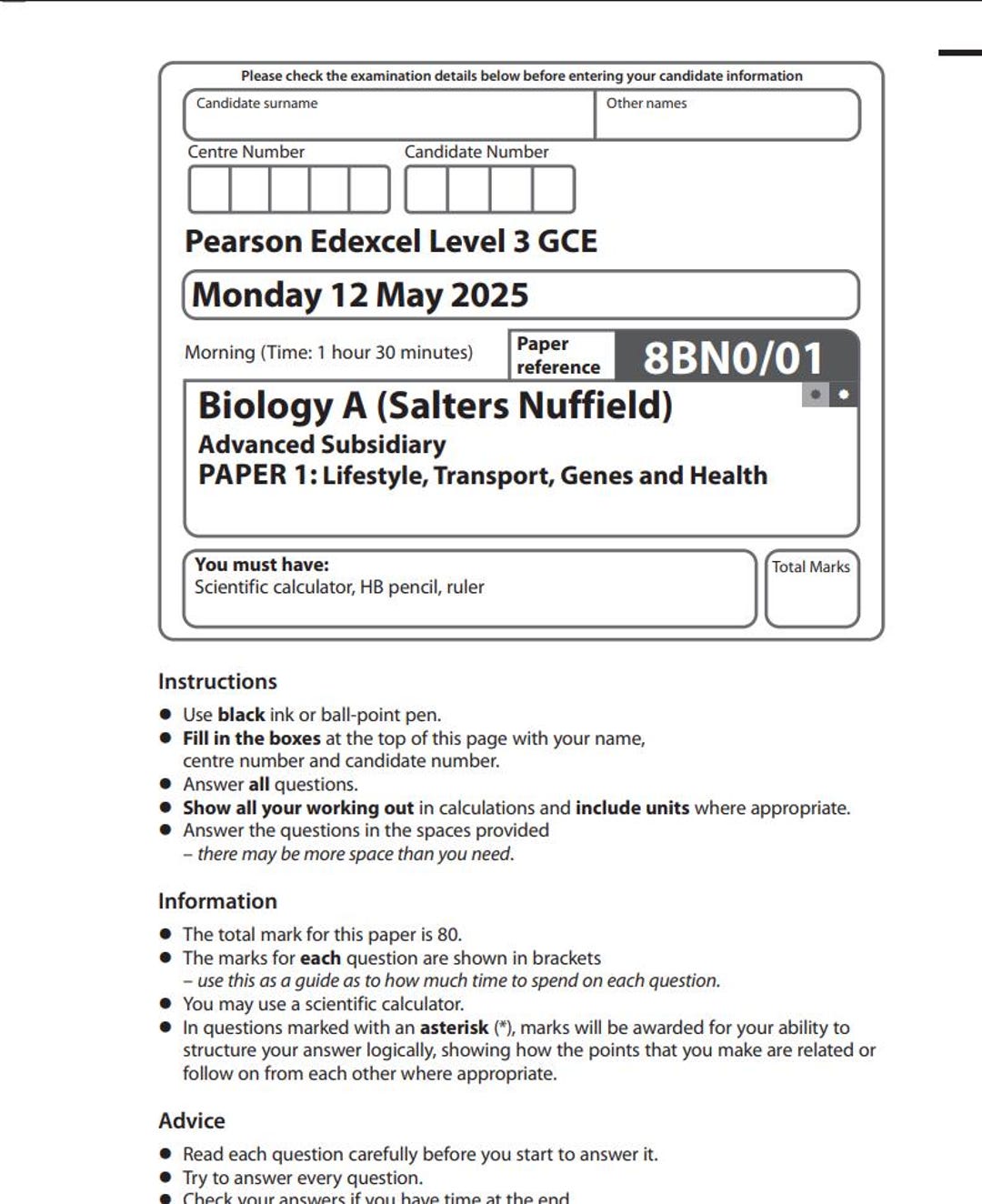 2025 Pearson Edexcel as Level Biology A Paper 1 and Mark Scheme 8bn0/01 ...