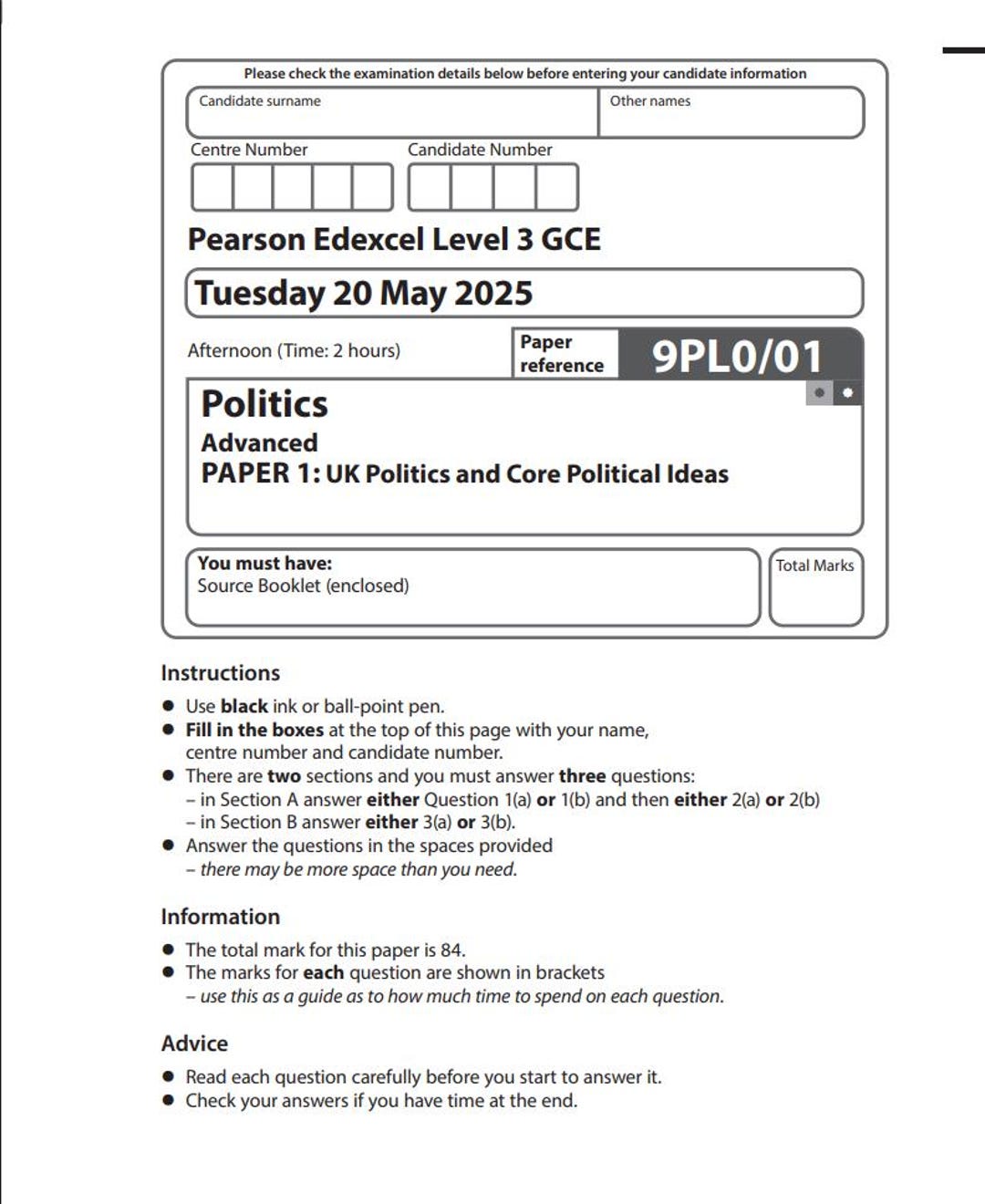 2025 Pearson Edexcel a Level Politics Paper 1 and Mark Scheme 9pl0/01 ...