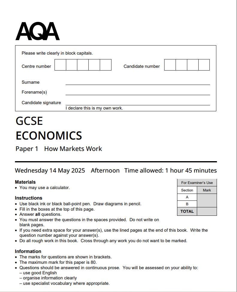 2025 Aqa Gcse Economics Paper 1 and Mark Scheme 8136/1 - Etsy UK