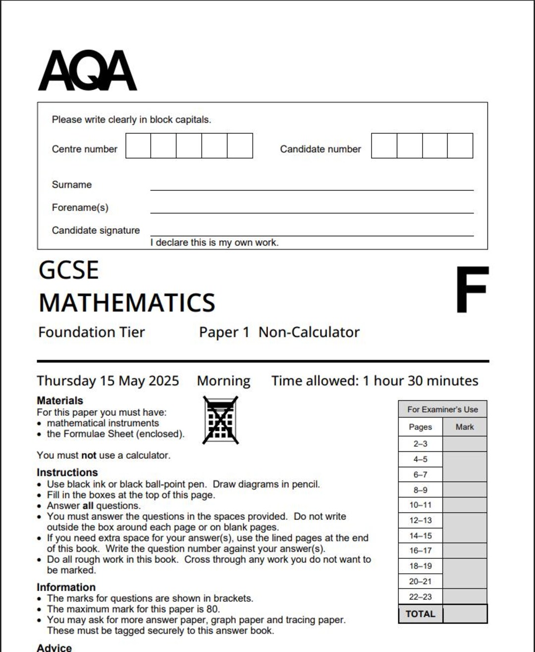 2025 Aqa Gcse Mathematics Paper 1 and Mark Scheme 8300/1f - Etsy Australia