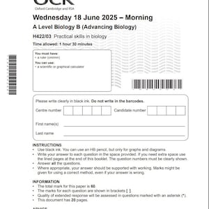 May include: A white paper with black text from OCR, Oxford Cambridge and RSA. The document is for A Level Biology B, with instructions for completing the exam. Includes sections for the candidate's name and center number. The total mark for the paper is 60.