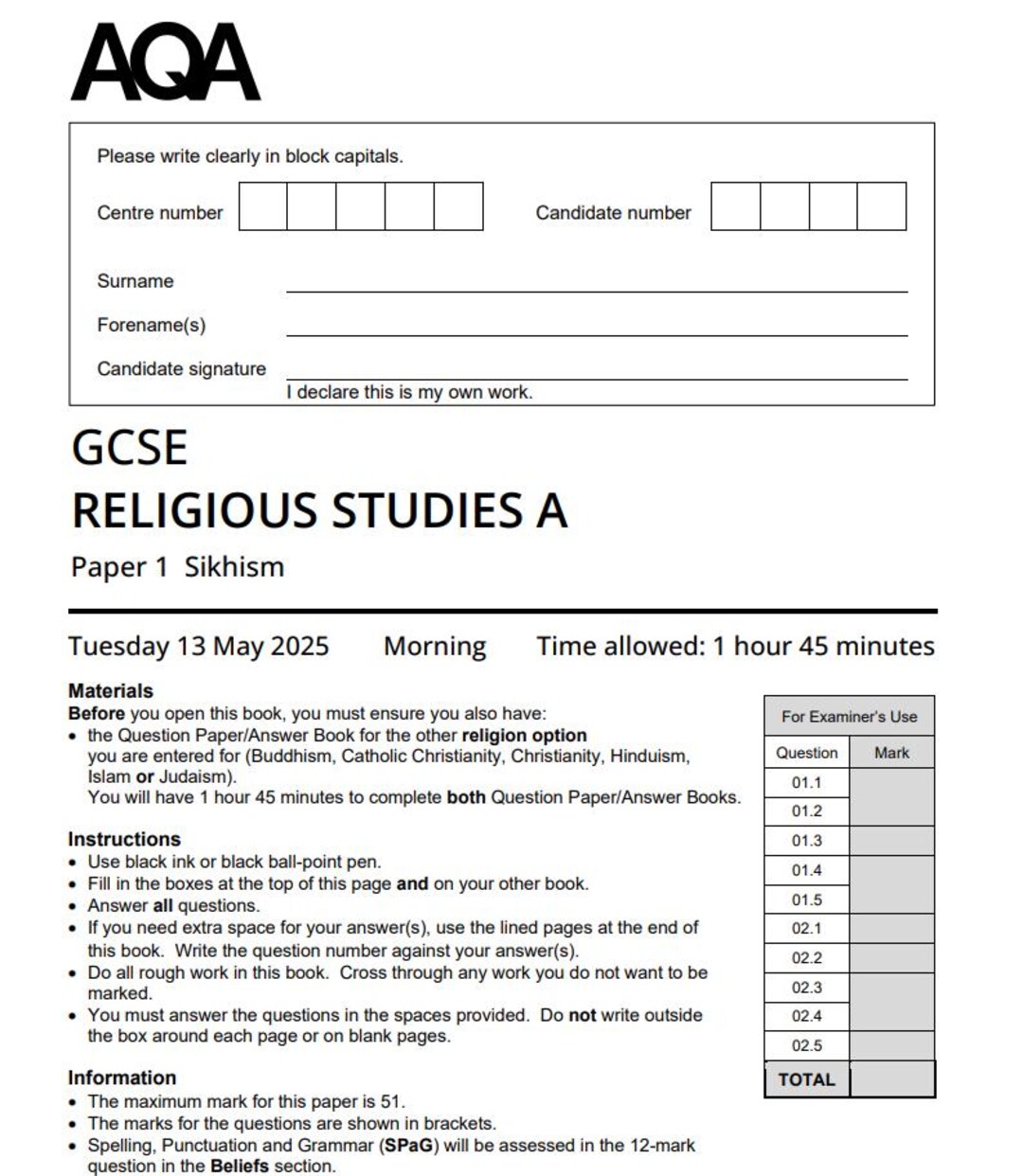 AQA GCSE Religious Studies a Paper 1 2025 Mark Scheme 8062/17 - Etsy