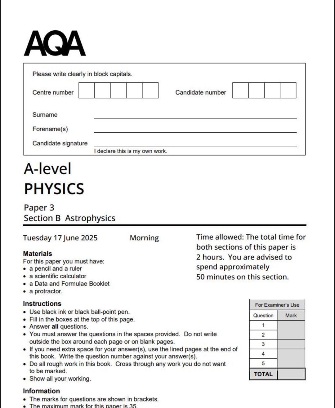 2025 AQA A Level Physics Paper 3 2025 Mark Scheme 7408/3ba - Etsy UK