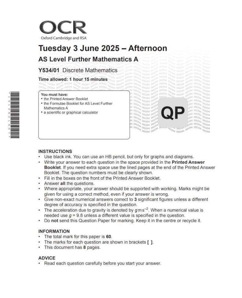 OCR AS Level Further Mathematics A Paper 1 2025 Mark Scheme Y534 01 Etsy ocr-as-level-further-mathematics-a-paper-1-2025-mark-scheme-y534-01-etsy