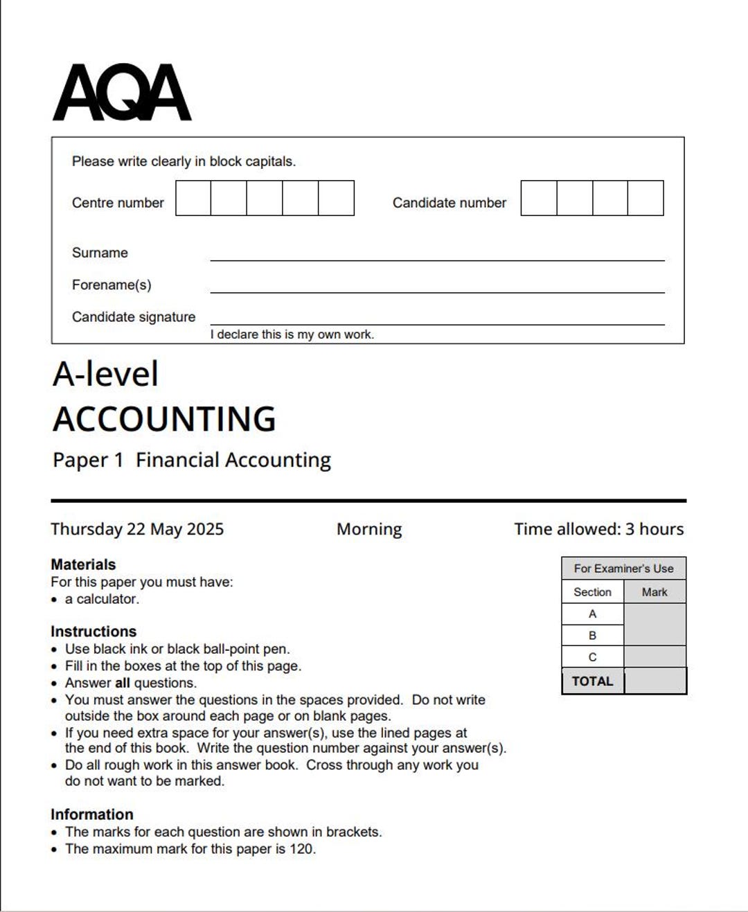Aqa a Level Accounting Paper 1 Question Paper 2025 Mark Scheme 7127/1 ...