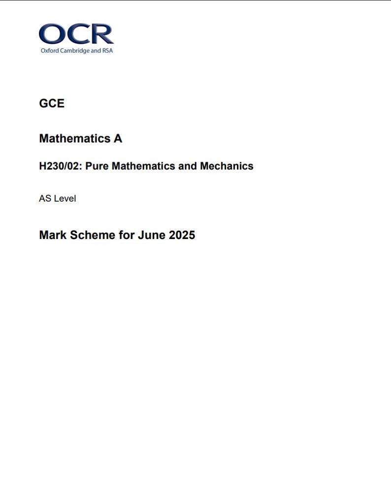 OCR AS Level Mathematics A Paper 2 2025 Mark Scheme H230/02 - Etsy