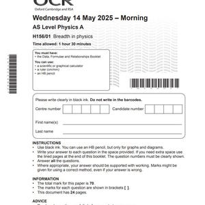 Puede incluir: Un examen de física de nivel AS de OCR, con fecha del miércoles 14 de mayo de 2025. El documento incluye instrucciones, información y espacio para los datos del candidato. La duración del examen es de 1 hora y 30 minutos.