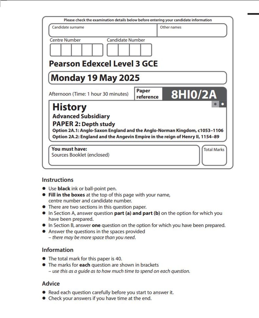 2025 Pearson Edexcel AS Level History Paper 2A and Mark Scheme 8HI0/2A ...