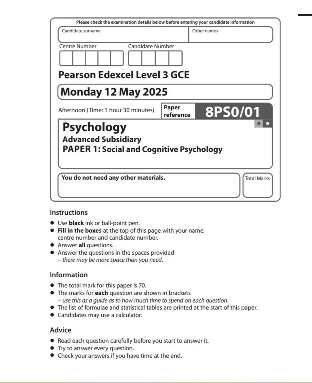 2025 Pearson Edexcel AS Level Psychology Paper 1 and Mark Scheme 8ps0 ...