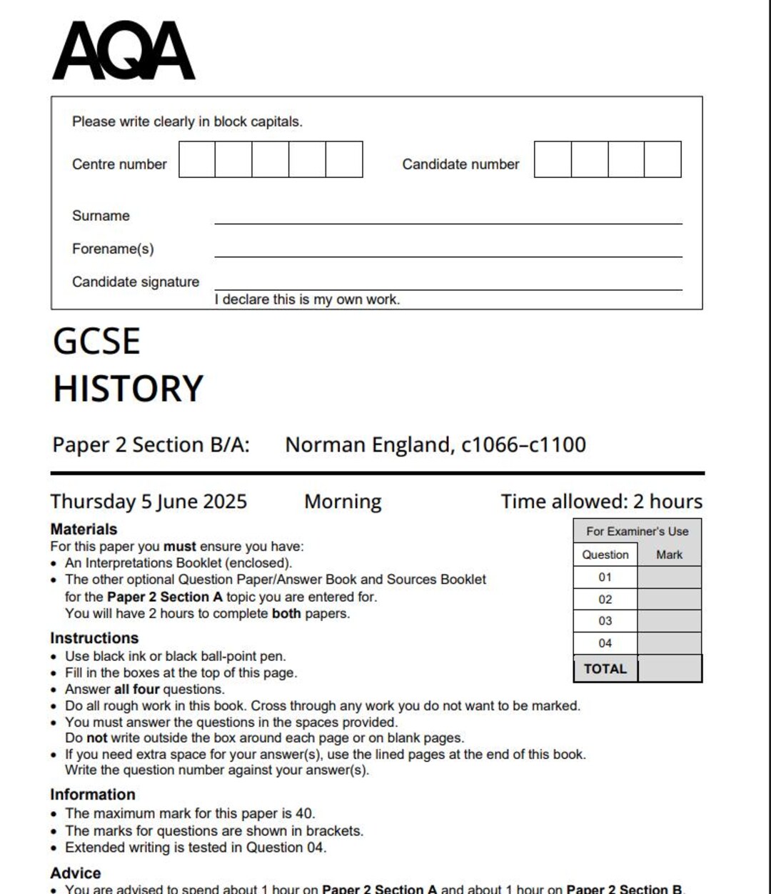 Aqa Gcse History Paper 2 Section B/A 2025 Mark Scheme 8145/2b/a - Etsy
