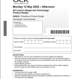 以下が含まれることがあります： OCRのロゴが入った「AS Level in Design and Technology: Product Design」というタイトルの白い紙。試験の指示、情報、アドバイスが記載されています。許容時間や、定規（cm/mm）などの使用可能なツールが明記されています。