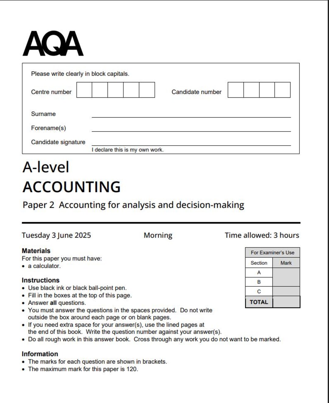 Aqa a Level Accounting Paper 2 2025 Mark Scheme 7127/2 - Etsy Canada