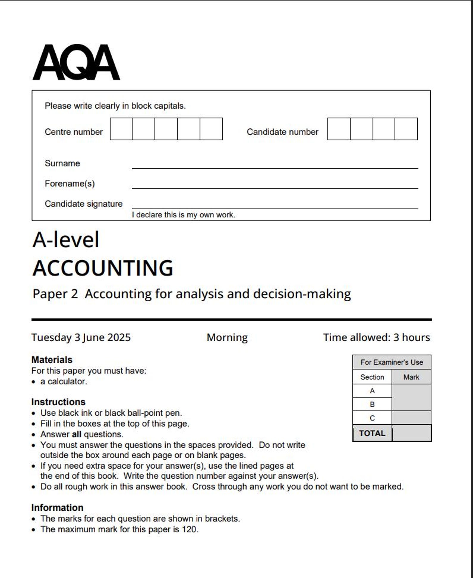 Aqa a Level Accounting Paper 2 2025 Mark Scheme 7127/2 - Etsy Canada
