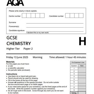 2025 AQA GCSE Kemi Del 2 och Betygsschema 8462/2H