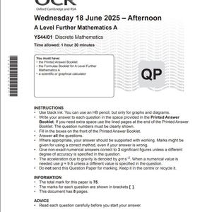 Puede incluir: Un examen impreso de Matemáticas Avanzadas A de nivel A, con el logotipo de OCR en la parte superior. El documento está fechado el miércoles 18 de junio de 2025 e incluye instrucciones, información y consejos para el examen. La puntuación total es de 75.