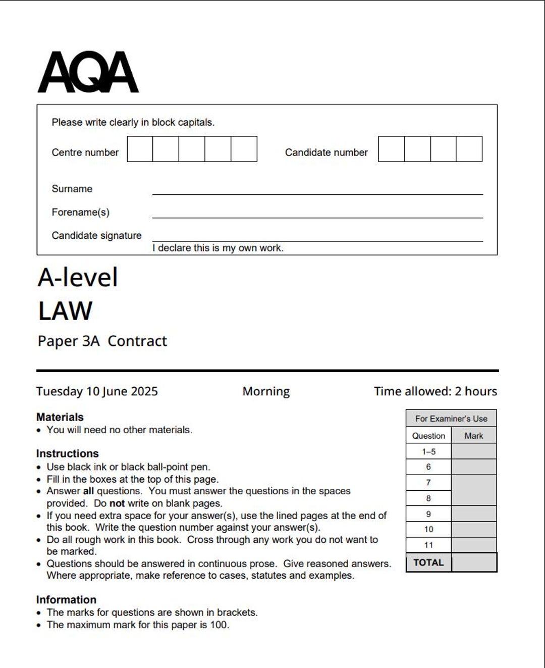 AQA A Level Law Paper 3a 2025 Mark Scheme 7162/3A - Etsy