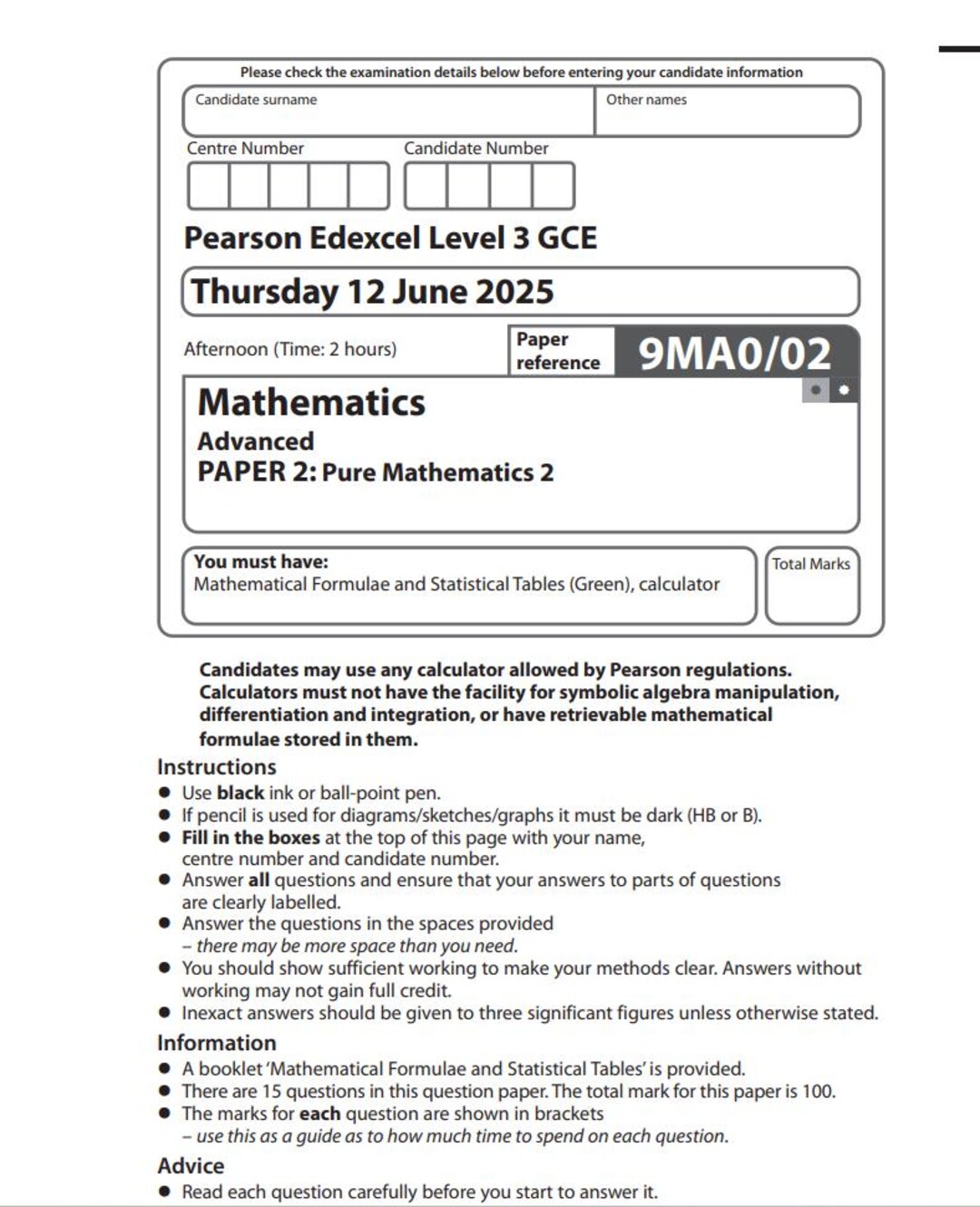 2025 Pearson Edexcel A Level Mathematics Paper 2 and Mark Scheme 9ma0 ...