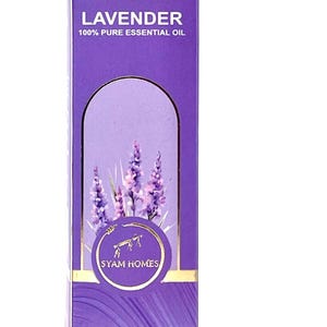 May include: A purple box of lavender essential oil. The box features the text "LAVENDER 100% PURE ESSENTIAL OIL" and a graphic of lavender flowers. The box contains 30 ml of oil.