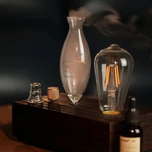 May include: A dark wooden base holds a clear glass diffuser vessel with text, a clear glass Edison-style light bulb with visible orange filaments, a small glass attachment, a metallic cap, and a dark glass dropper bottle with a black cap.