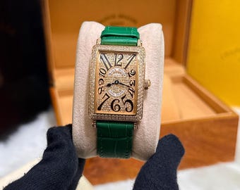 Franck Muller Long Island roségouden diamanten horloge | Groene leren band, uniseks luxe polshorloge