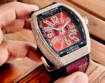 Vintage Franck Muller Yachting-horloge rode diamanten wijzerplaat roségouden luxe herenhorloge designer geïnspireerd horloge cadeau voor hem
