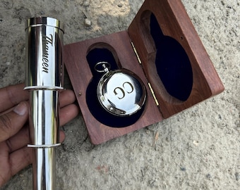 Personalized Brass Compass Telescope Set, Engraved Sundial Nautical Gift Box