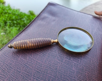 Brass Magnifying Glass, Antique Wooden Handle, 10X Lens