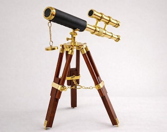Brass Double Barrel Telescope | Vintage Nautical Decor with Wooden Tripod