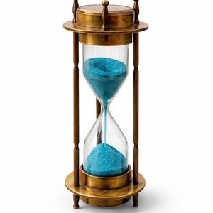 May include: An hourglass with a brass frame and a clear glass chamber filled with blue sand. The hourglass has a classic design with a round base and top, and is supported by four vertical posts.