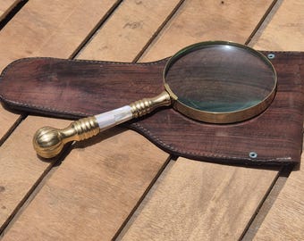 Handcrafted Brass Magnifying Glass, Mother of Pearl Handle, 10cm Lens, Vintage Desk Accessory