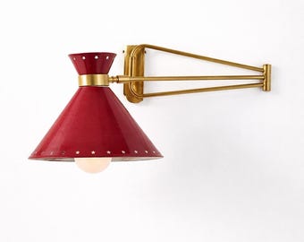 Vintage Mid-Century Red & Brass Swing Arm Wall Sconce