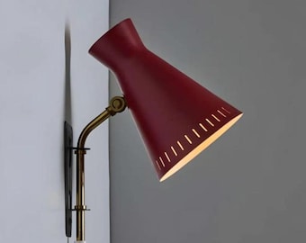 1950s Red Diabolo Wall Sconce – Mid Century Modern Plug-In Lamp Brass Arm