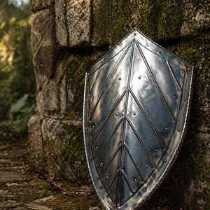 May include: A silver shield with a leaf pattern. The metal shield has a riveted edge and is leaning against a moss-covered stone wall. This medieval-style shield is a decorative item.