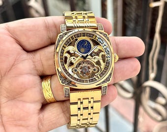 Goudkleurig mechanisch herenhorloge – handgemonteerd automatisch maanfasepolshorloge