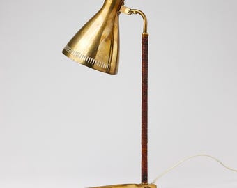Handgefertigte Messing & Leder Tischlampe, Vintage Mid-Century Schreibtischlampe