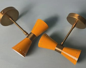 Mid-Century Modern Orange Double Cone Wall Sconce | Brass Finish LampFixture