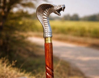 Handcrafted Cobra Head Walking Cane – Rosewood Wooden Stick, Silver Handle