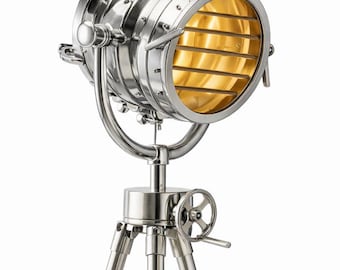 Industrial Tripod Silver Floor Lamp Chrome Adjustable Spotlight Searchlight for Home & Office Décor