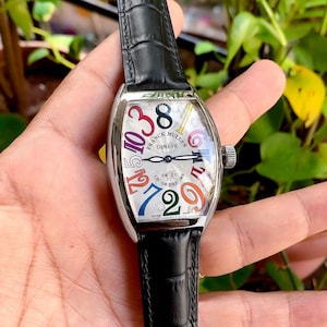 Franck Muller Cintrée Curvex Color Dreams automatisch horloge | Veelkleurige wijzerplaat, zwarte leren band