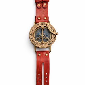 Antique Brass Sundial Compass • Handmade Leather Steampunk Watch