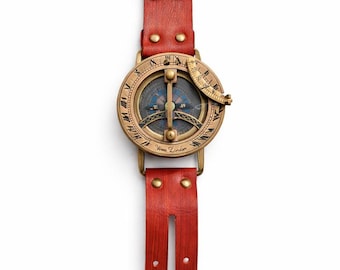 Boussole à cadran solaire en laiton antique • Montre steampunk en cuir faite main